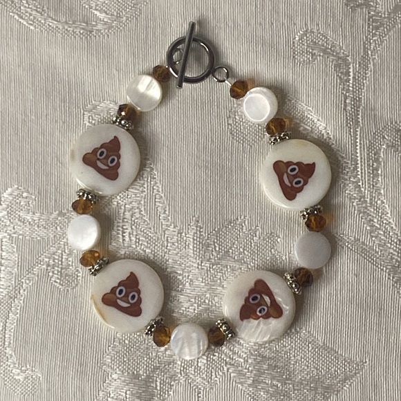 Handcrafted Shell and Crystal Poo Emoji Bracelet - Picture 1 of 6